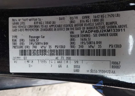 2019 Ford Fiesta Se z USA, uszkodzony, nr VIN 3FADP4BJ2KM133911